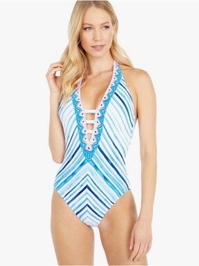 Lilly Pulitzer Striped Blue Halter One-Piece Swimsuit with Pink Trim